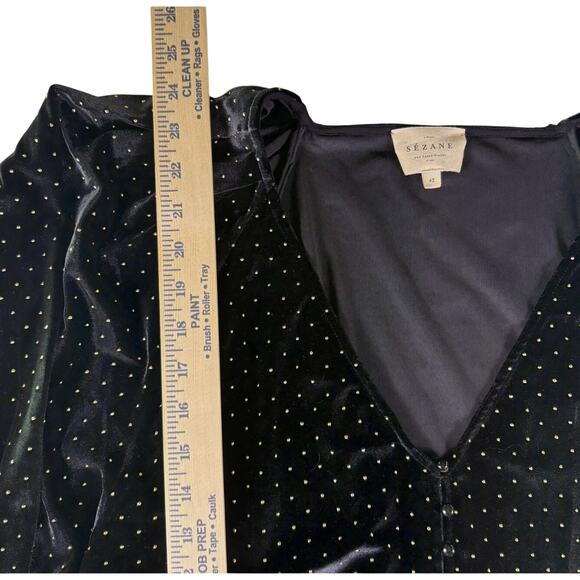 Sezane 12 Erica $228 Black Velvet Top Gold Studded Polka Dots Blouse Stretch 42 - Picture 9 of 9